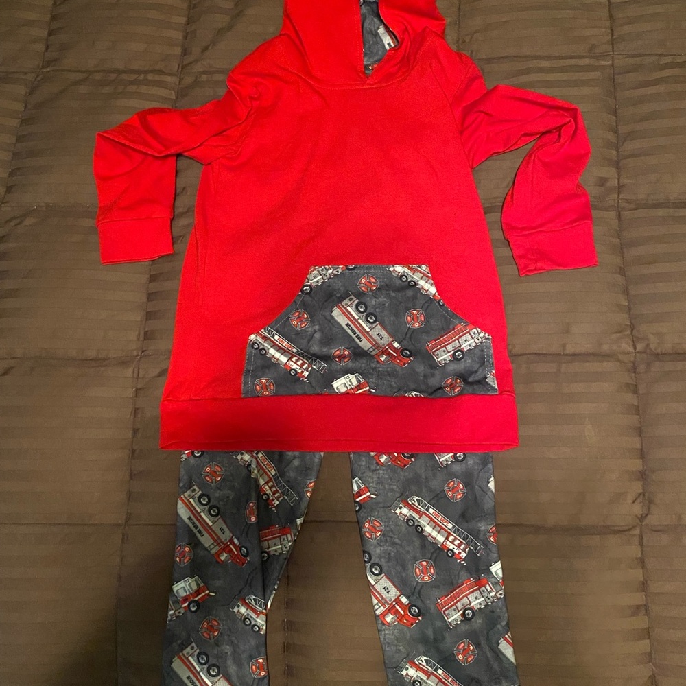 Red Hoodie and Fire Truck Print Pants Set